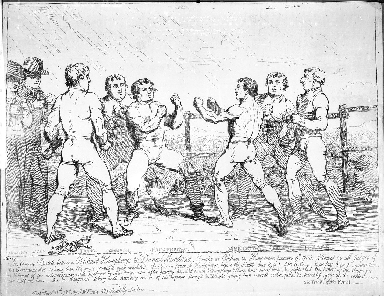 Den berömda striden mellan Richard Humphreys och Daniel Mendoza, 9 januari 1788 av James Gillray