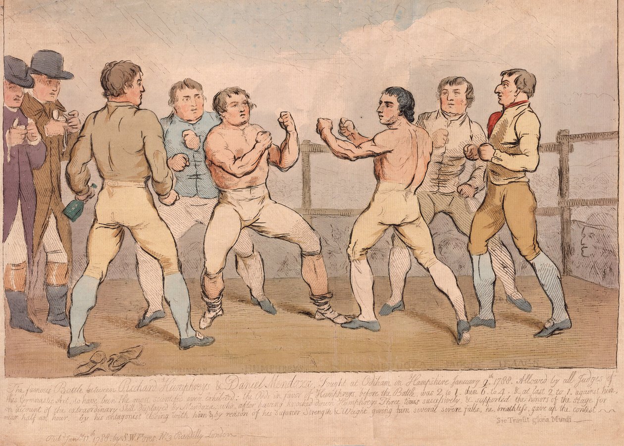 Den berömda striden mellan Richard Humphreys och Daniel Mendoza, 9 januari 1788, pub. 1788 (handfärgad gravyr) av James Gillray