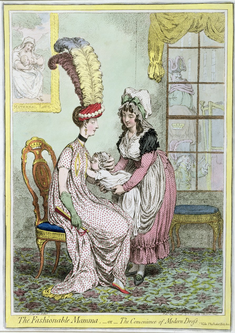 The Fashionable Mamma, or The Convenience of Modern Dress, publicerad 1796 (färgad gravyr) av James Gillray