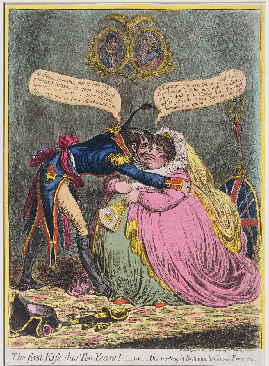The First Kiss in Ten Years! or The Meeting of Britannia und Citizen Francois, utgiven av Hannah Humphrey 1803 (handkolorerad etsning med akvatint) av James Gillray