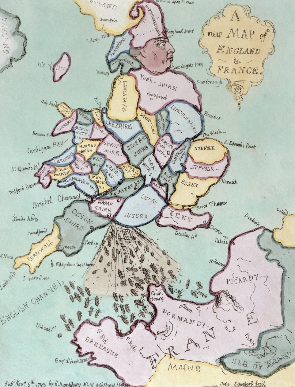 The French Invasion, or John Bull Bombarding the Bum-Boats, utgiven av Hannah Humphrey 1793 (handkolorerad etsning) av James Gillray