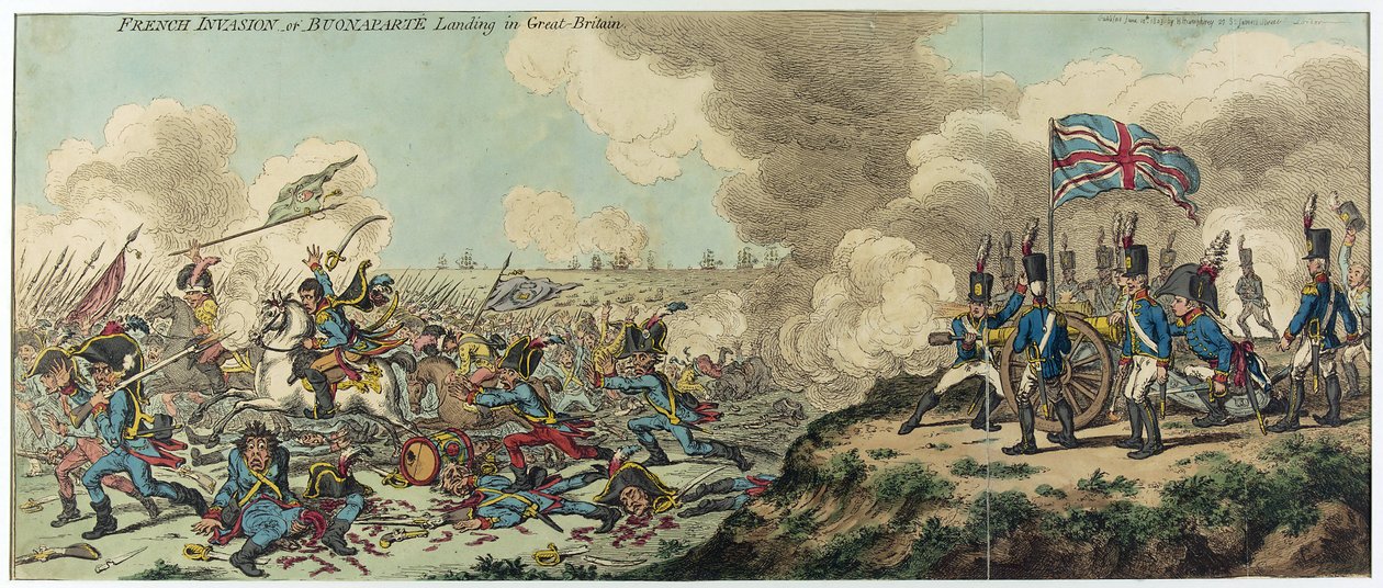 Den franska invasionen eller Napoleon Bonapartes (1769-1821) landstigning i Storbritannien (etsning) av James Gillray