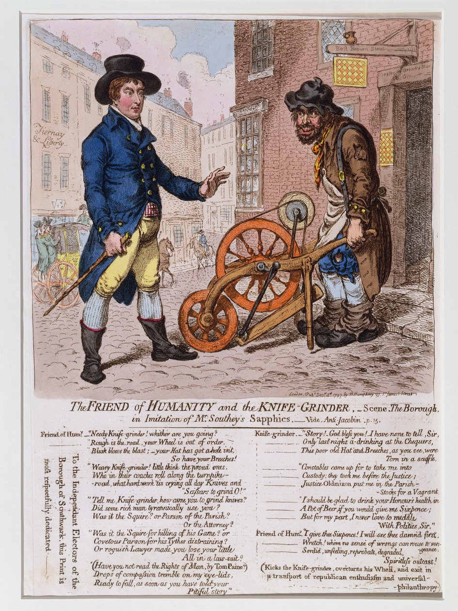 The Friend of Humanity and the Knife-Grinder, utgiven av Hannah Humphrey 1797 (handkolorerad etsning) av James Gillray