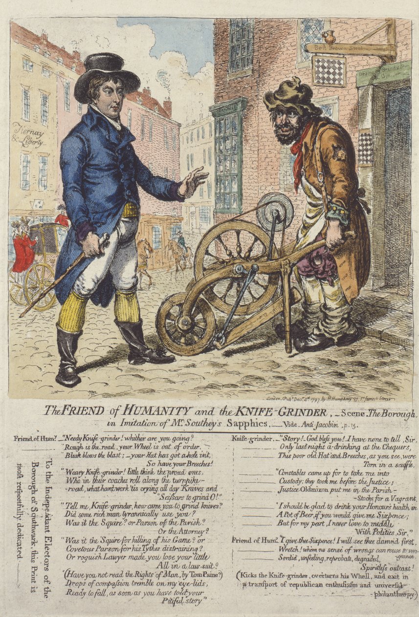 "Mänsklighetens vän och knivsliparen", 1797 av James Gillray