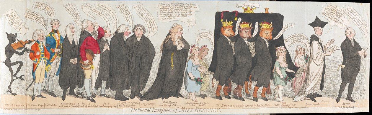Miss Regencys begravningsprocession, pub. 1789 (handfärgad gravyr) av James Gillray