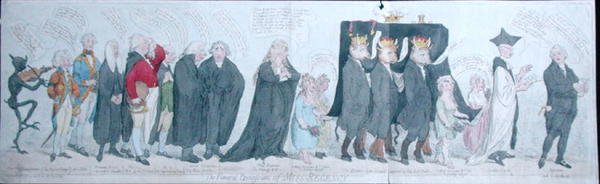 The Funeral Procession of Miss Regency, utgiven av S.W. Fores 1789 (handfärgad etsning) av James Gillray