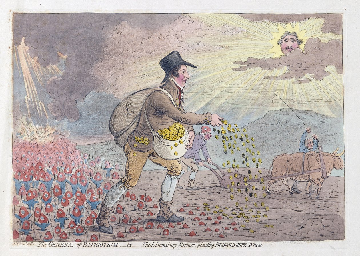 The Generae of Patriotism, eller The Bloomsbury Farmer som planterar Bedfordshire Wheat, pub. 1796 (handfärgad gravyr) av James Gillray