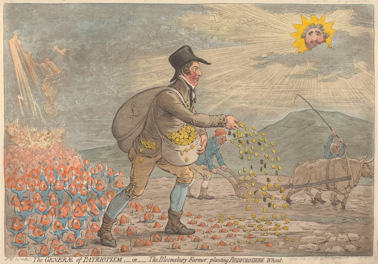 Patriotismens general - eller - bonden från Bloomsbury som planterar vete från Bedfordshire av James Gillray