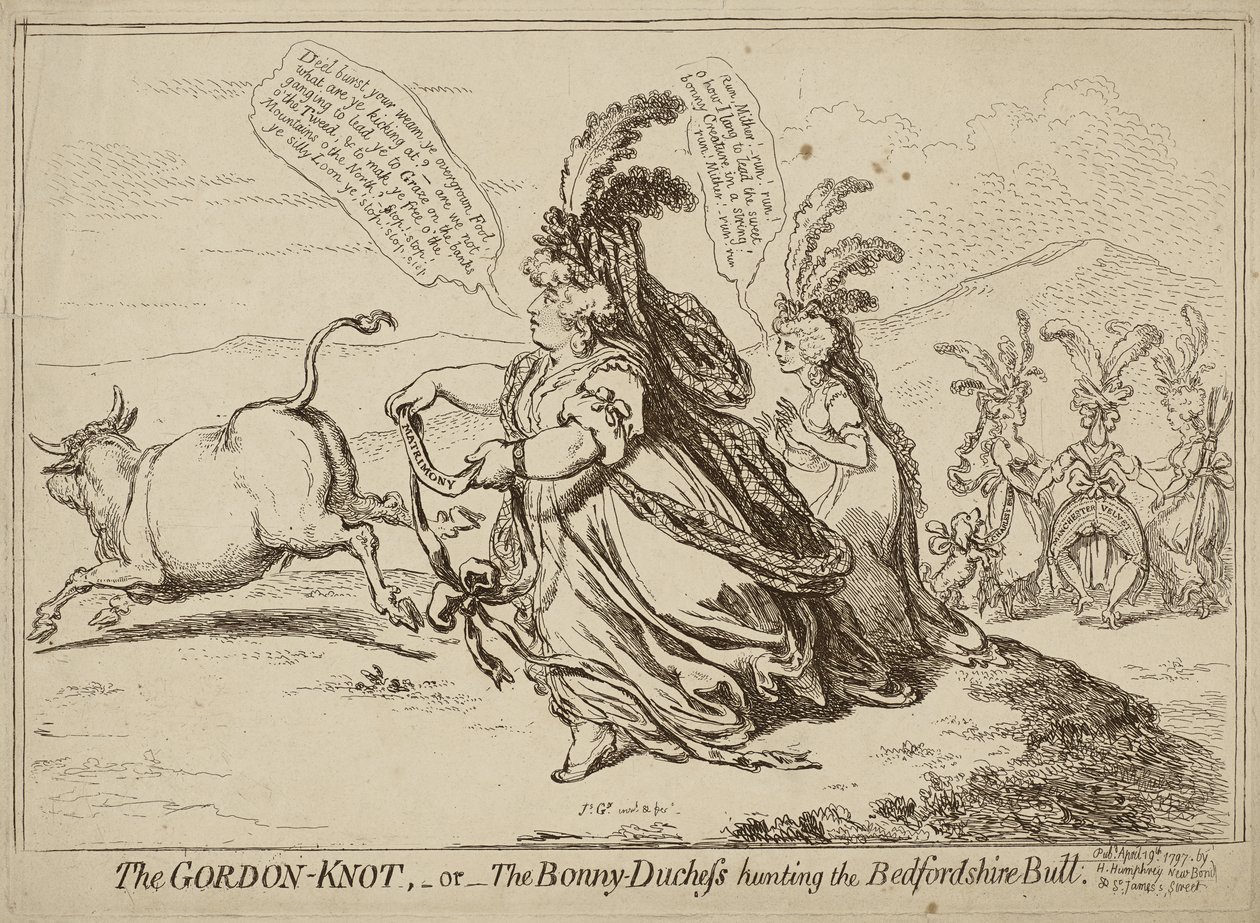 Gordon Knot eller The Bonny-Duchess Hunting the Bedfordshire Bull, publicerad 29 april 1797 (etsning på vävt papper) av James Gillray