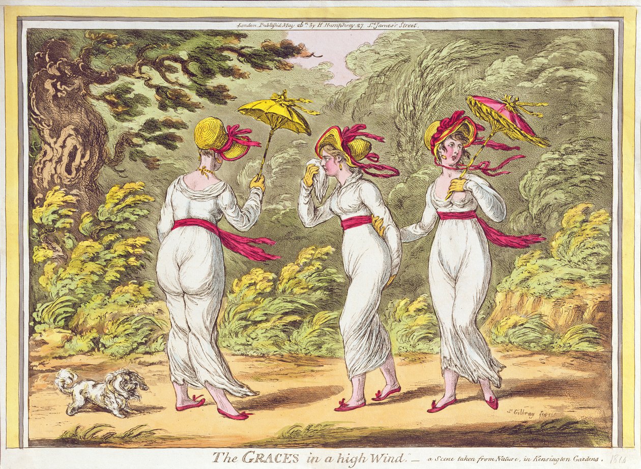 The Graces in a High Wind, en scen tagen från Nature in Kensington Gardens, pub. av Hannah Humphrey, 1810 av James Gillray