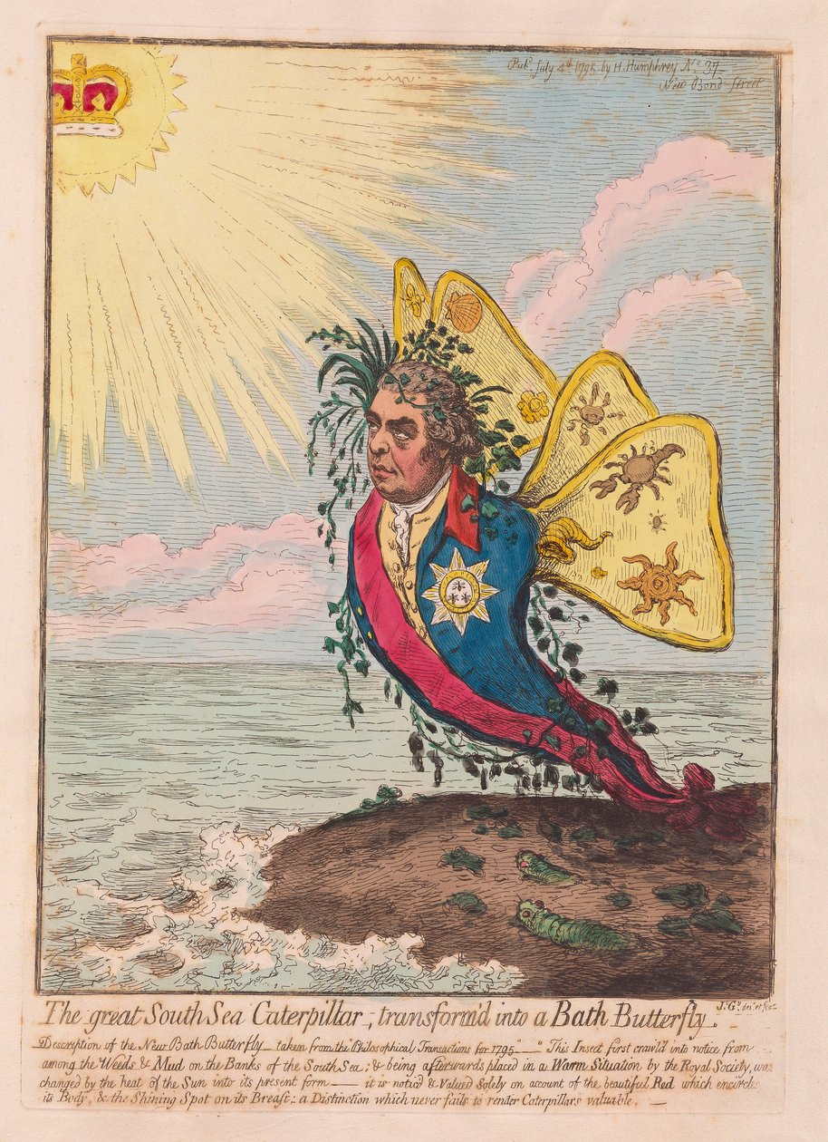 The Great South Sea Caterpillar, förvandlad till en Bath Butterfly, pub. 1792 (handfärgad gravyr) av James Gillray