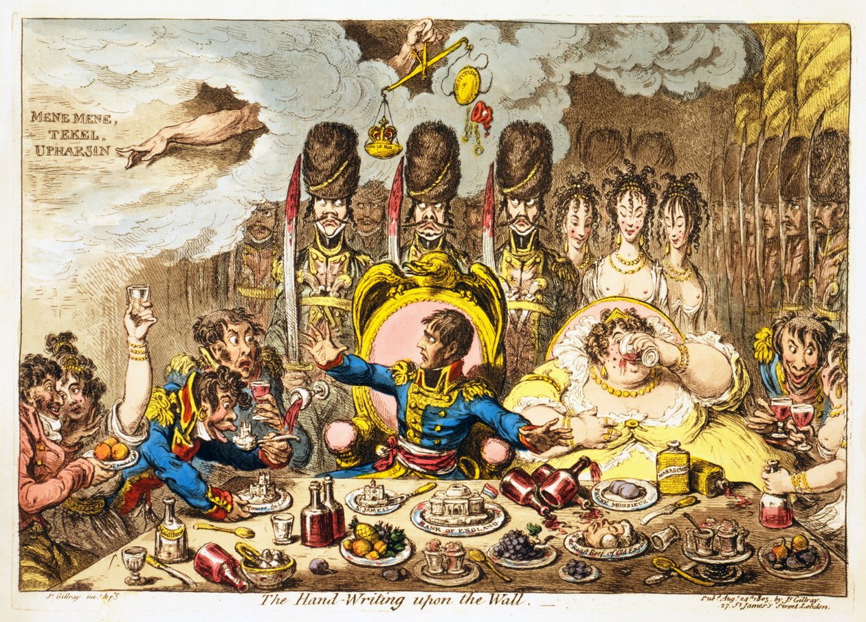 The Hand-Writing upon the Wall, pub. 1803 (handfärgad gravyr) av James Gillray