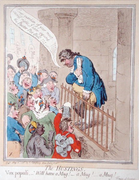 The Hustings, publicerad av Hannah Humphrey 1796 (handfärgad etsning) av James Gillray
