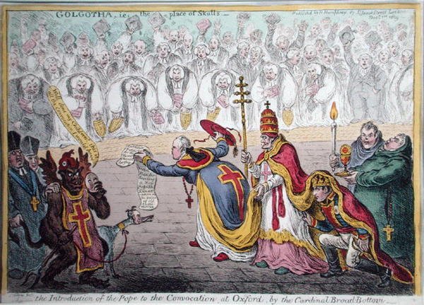 The Introduction of the Pope to the Convocation at Oxford av kardinal Broad-Bottom, publicerad av Hannah Humphrey 1809 (handfärgad etsning) av James Gillray