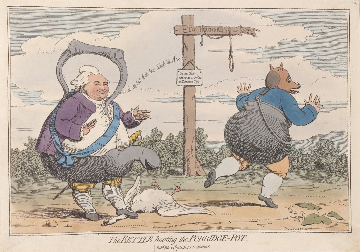 The Kettle Hooting the Porridge-Pot, pub. 1782 (handfärgad gravyr) av James Gillray