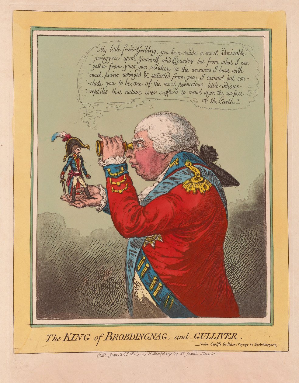 Kungen av Brobdingnag och Gulliver, pub. 1803 (handfärgad gravyr) av James Gillray