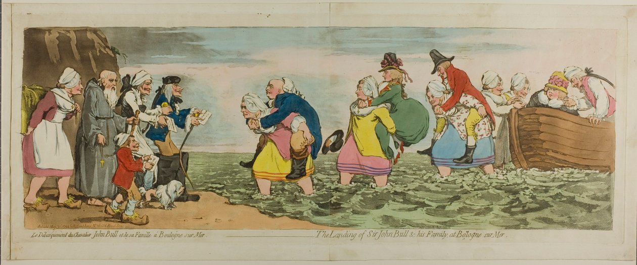 Landstigningen av Sir John Bull och hans familj, vid Boulogne sur mer av James Gillray