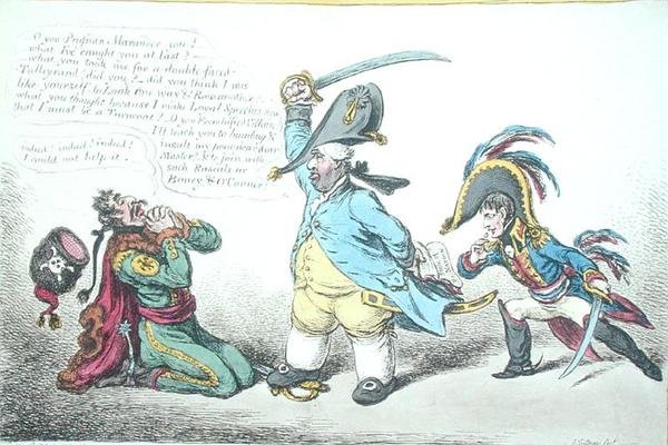 The Magnanimous Minister Chastising Preussian Perfidy, publicerad av Hannah Humphrey 1806 (handfärgad etsning) av James Gillray