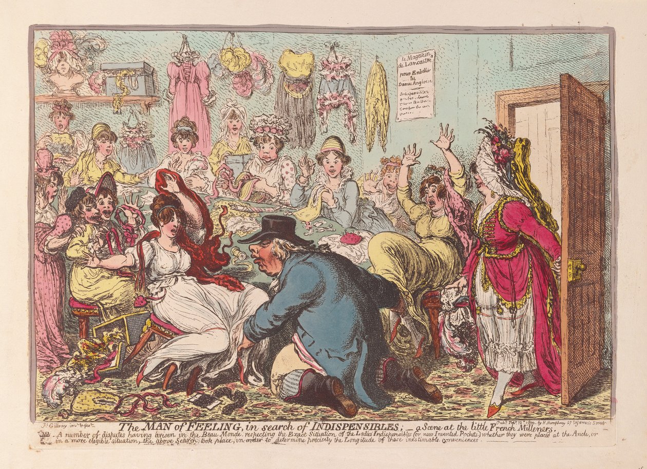 Känslans man på jakt efter oumbärliga varor; en scen på den lilla franska Milliners, pub. 1800 (handfärgad gravyr) av James Gillray