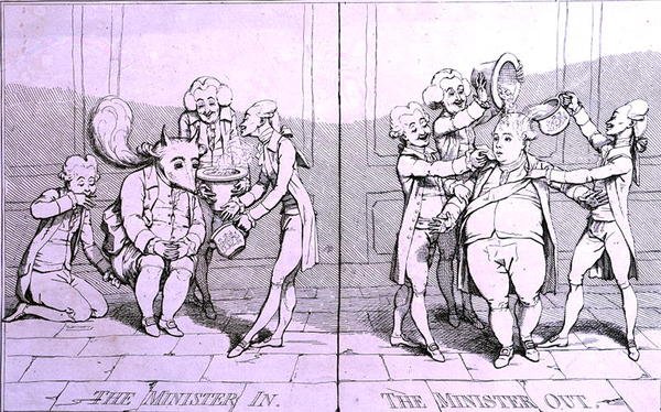 The Minister In - The Minister Out, publicerad av William Humphrey 1782 (etsning) av James Gillray