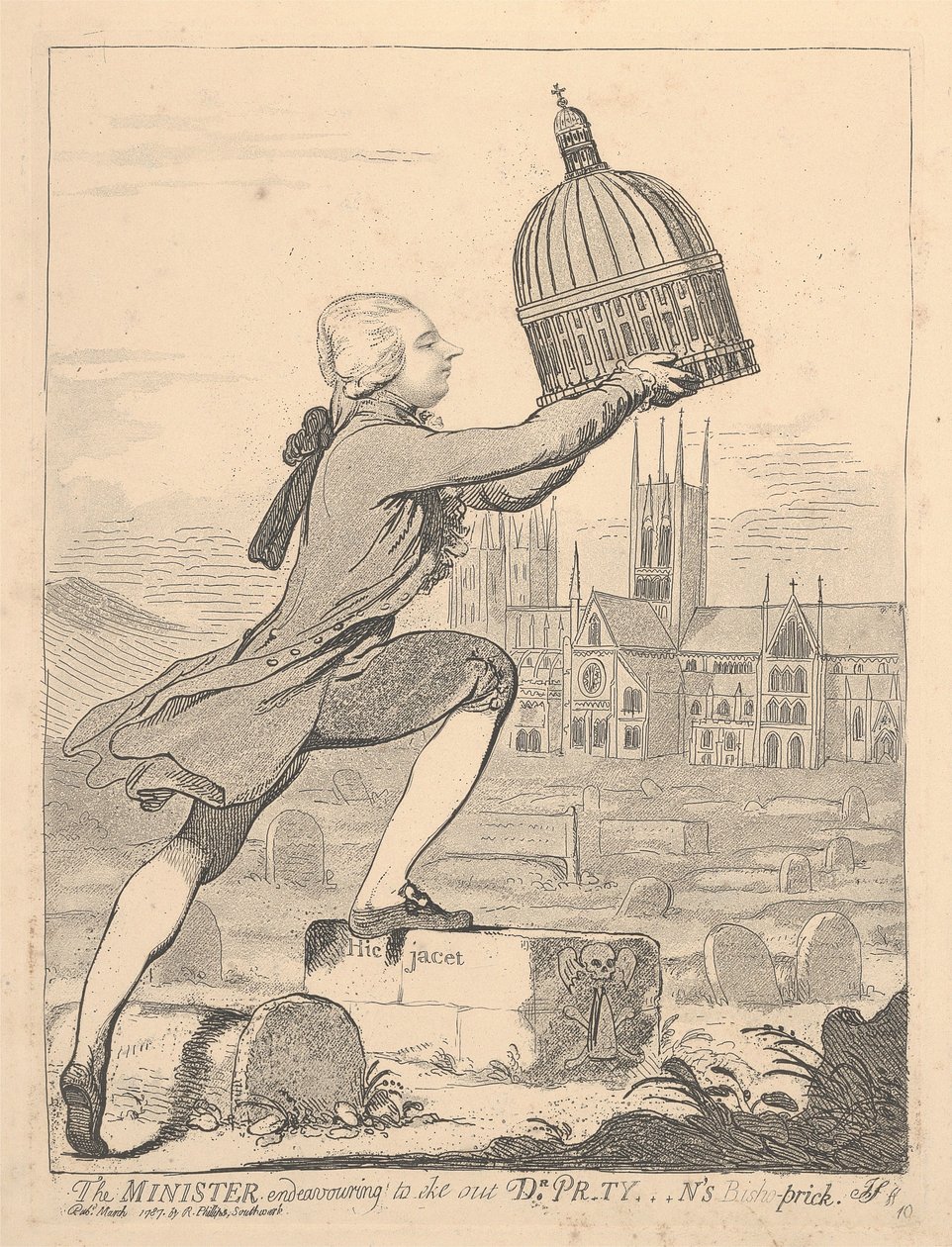 Ministern försöker dryga ut dr Pr*ty***ns Bisho-Prick av James Gillray