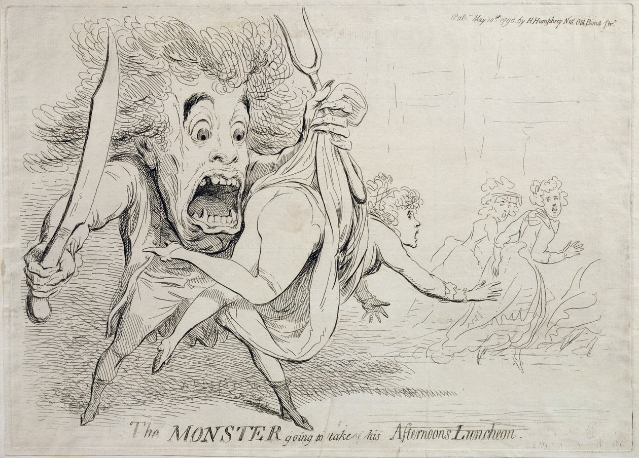 The Monster going to take his Afternoons Luncheon, utgiven av Hannah Humphrey 1790 av James Gillray