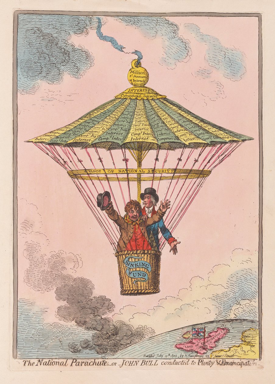 National Fallskärmen eller John Bull dirigerade till Plenty and Emancipation, pub. 1802 (handfärgad gravyr) av James Gillray
