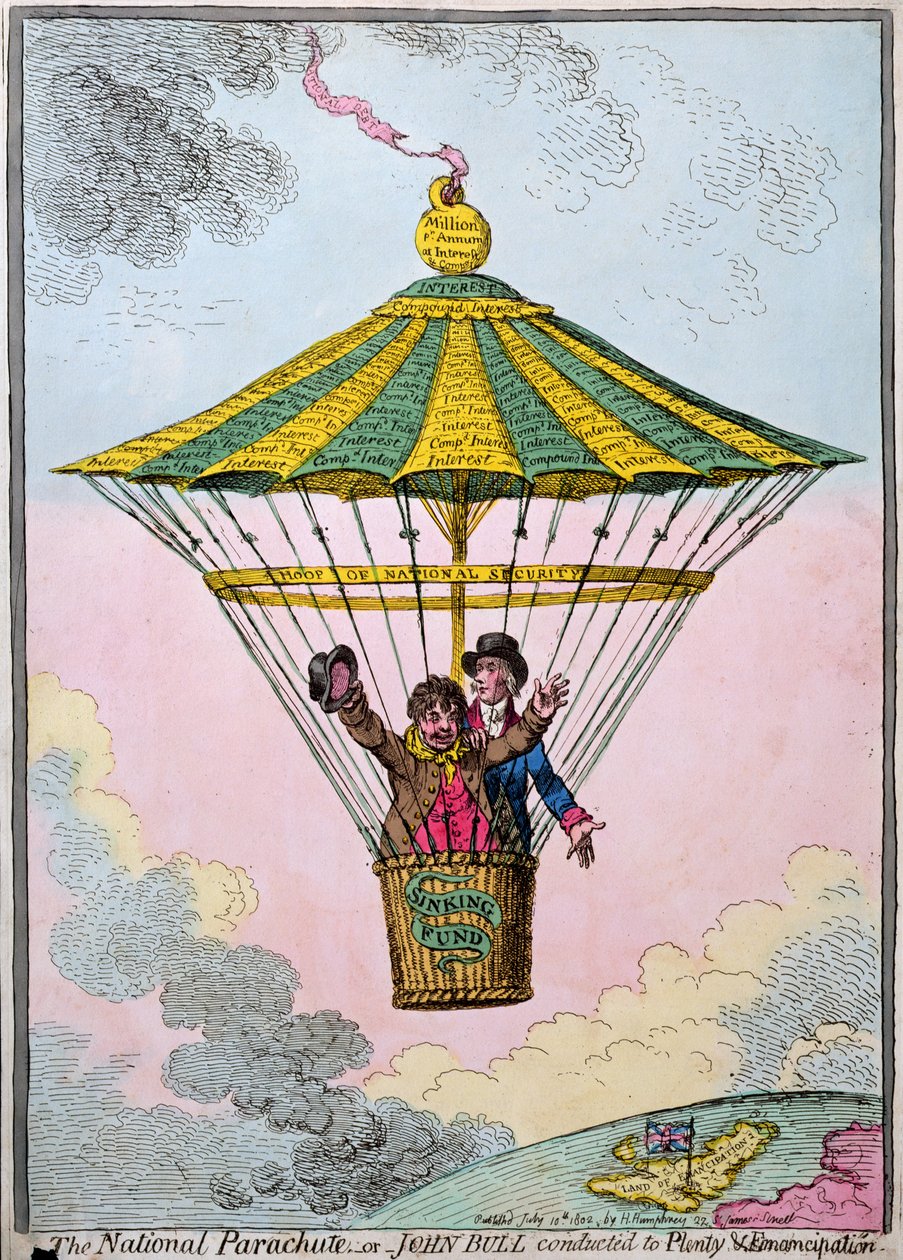 The National Parachute, eller John Bull conducted to Plenty and Emancipation, publicerad av Hannah Humphrey 1802 (handfärgad etsning) av James Gillray