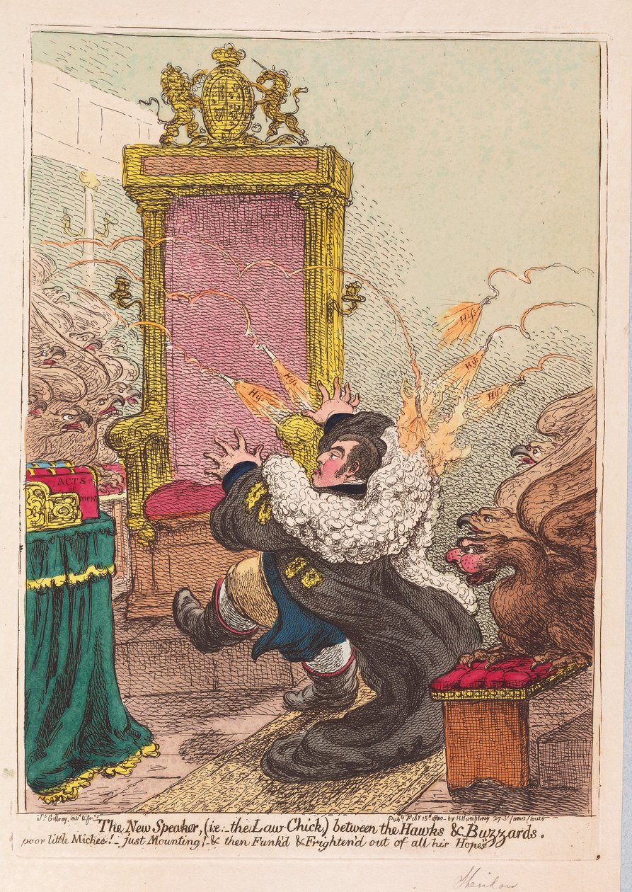The New Speaker, (dvs. Law-Chick) mellan Hawks och Buzzards, pub. 1800 (handfärgad gravyr) av James Gillray