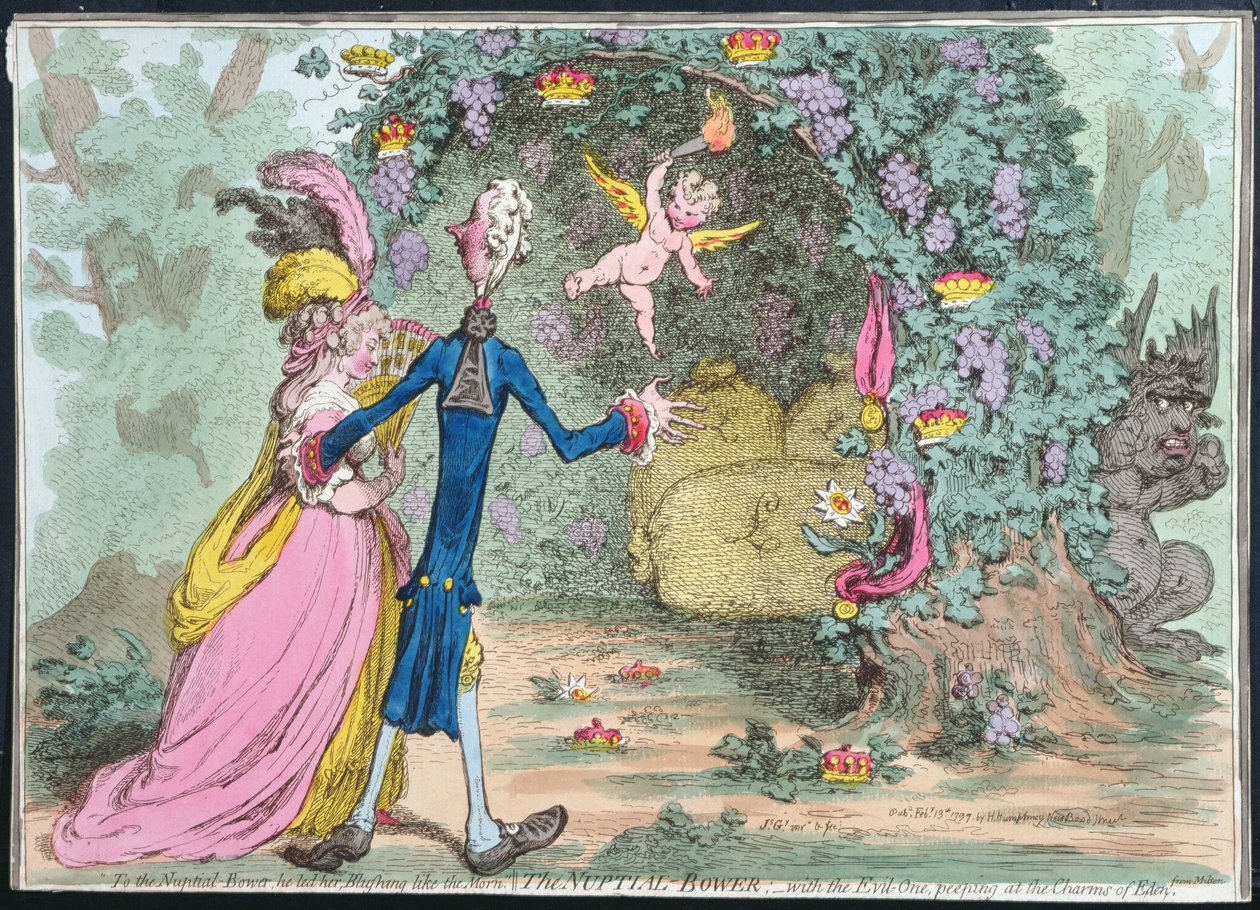 The Nuptial Bower with the Evil-One kikar på Charms of Eden, publicerad av Hannah Humphrey 1797 (handfärgad etsning) av James Gillray