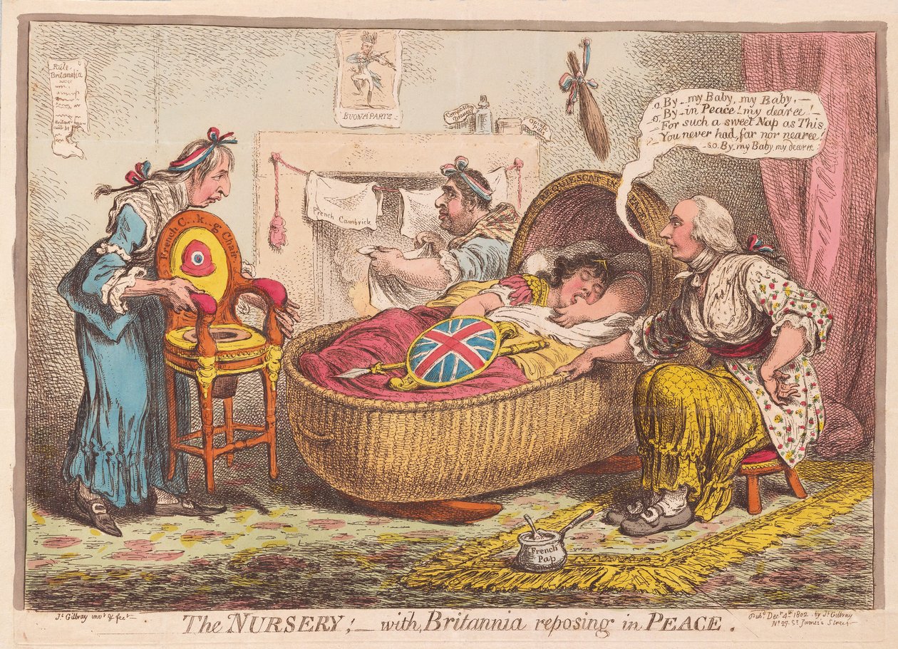 Barnkammaren; med Britannia som vilar i Peace, pub. 1802 (handfärgad gravyr) av James Gillray