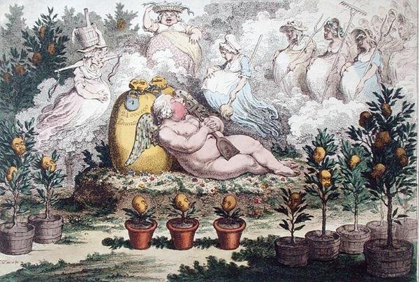 Orangeriet, eller den holländska amoruppläggningen, After the Fatigues of Planting, publicerad av Hannah Humphrey 1796 (handfärgad etsning) av James Gillray