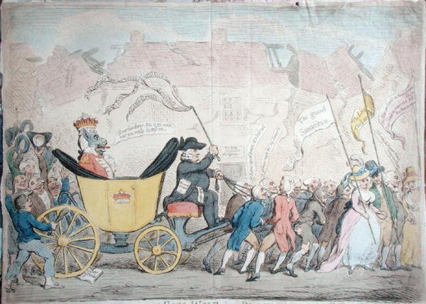 The Pacific Entrance of Earl-Wolf into Blackhaven, publicerad av Hannah Humphrey 1792 (handfärgad etsning) av James Gillray