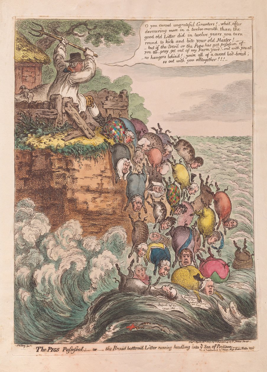 The Pigs Possessed: eller den bredbottnade kullen som springer huvudstupa in i havet av fördärv, pub. 1807 (handfärgad gravyr) av James Gillray