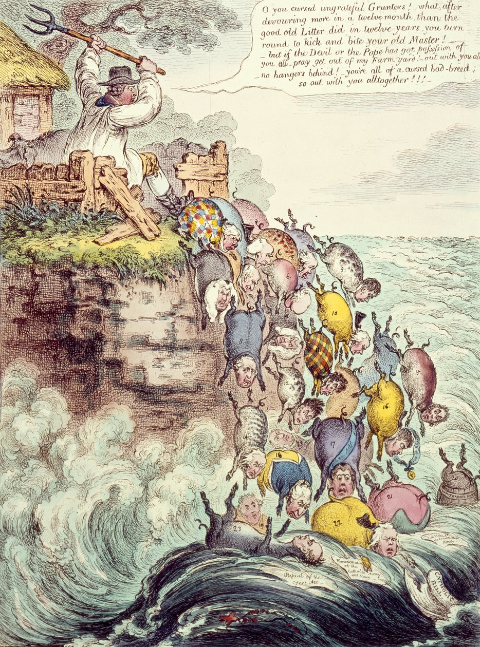 Grisarna besatta, eller den bredbottnade strö som springer handlöst in i förgängelsens hav, 1807 av James Gillray