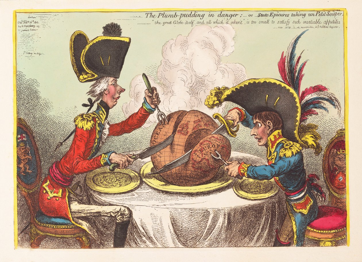 Plommonpuddingen i fara eller statliga epikurer som tar un Petit Souper, pub. 1805 (handfärgad gravyr) av James Gillray