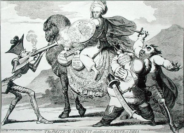 The Political Banditti Assailing the Savior of India, publicerad av W. Holland 1786 (etsning) av James Gillray