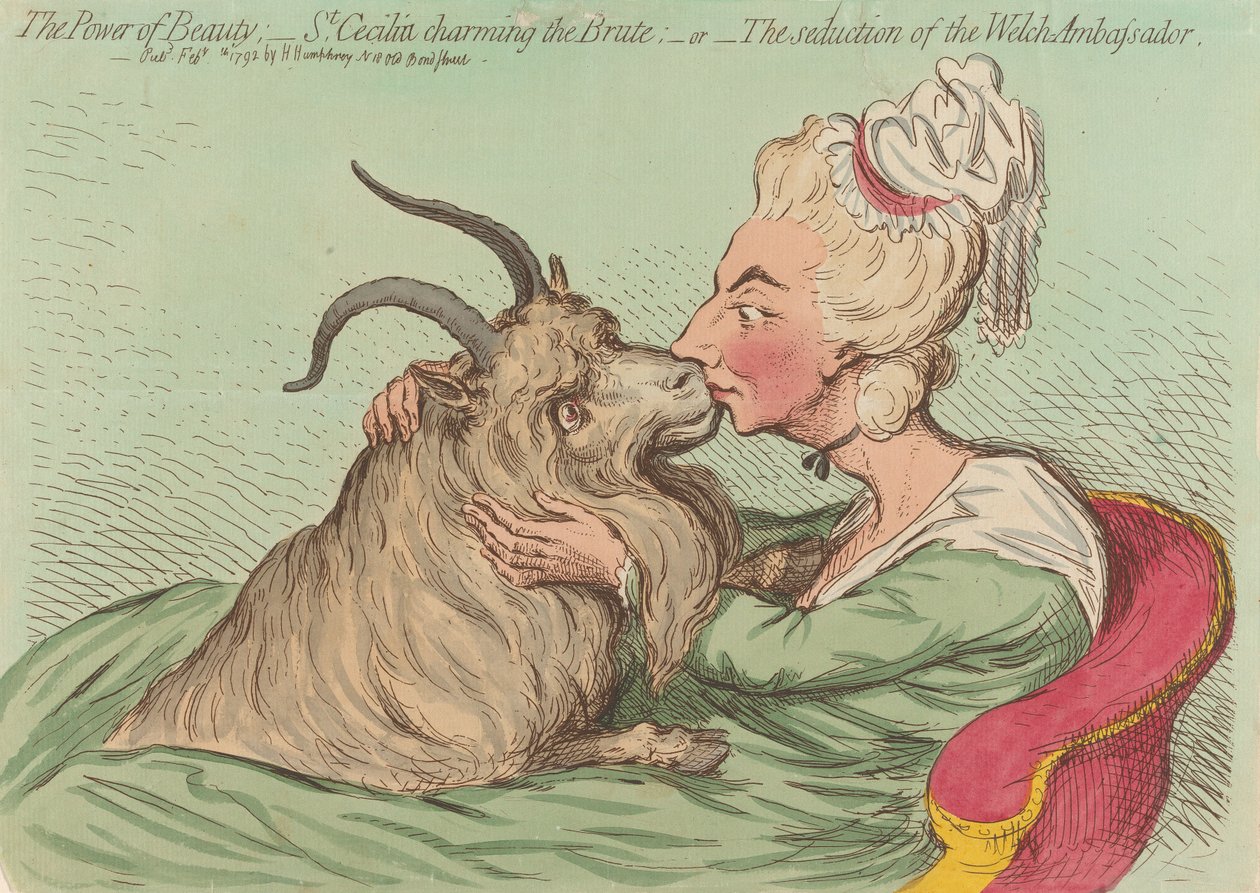 Skönhetens makt; - Sankta Cecilia förtrollar odjuret; - eller - Förförelsen av den walesiske ambassadören (ur: Caricature, vol. 2) av James Gillray