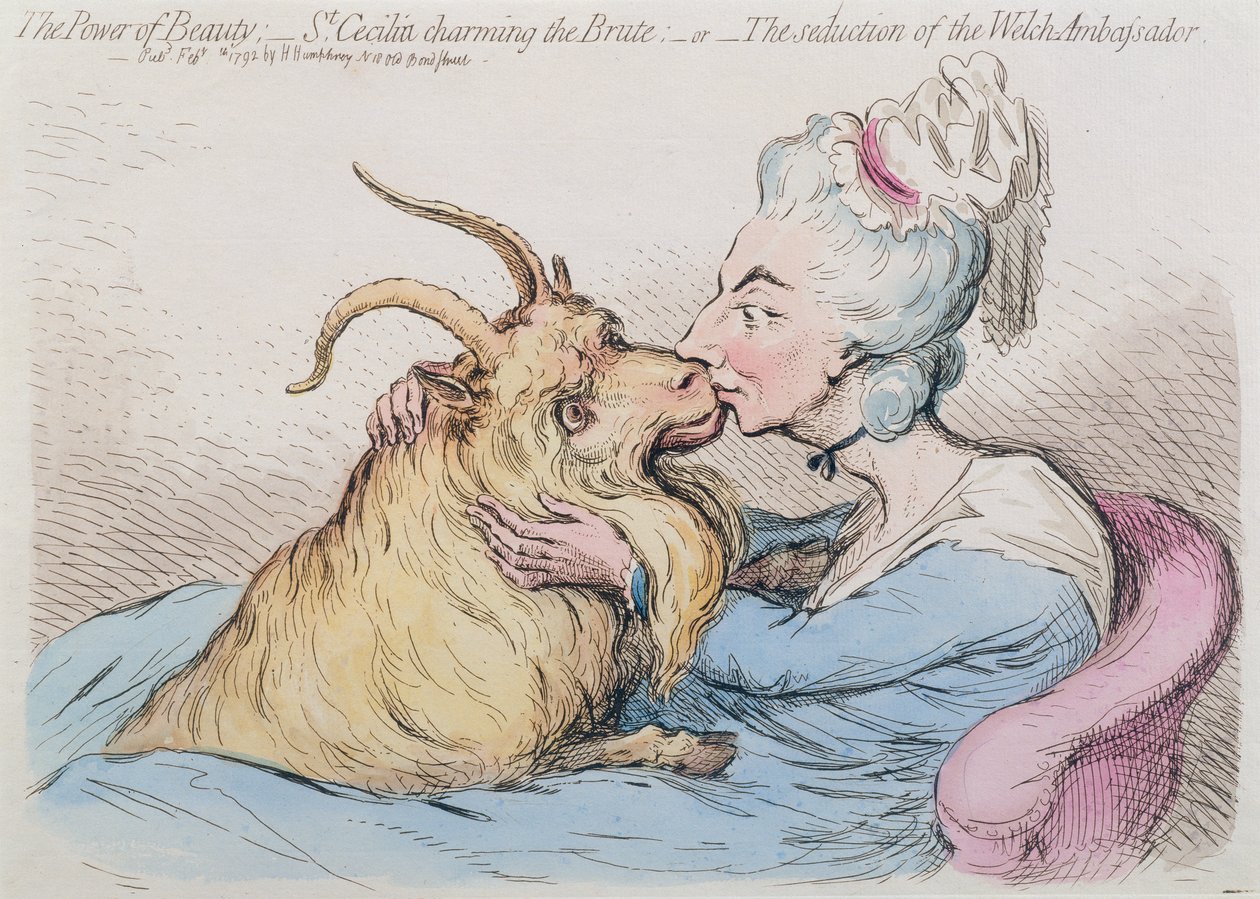Skönhetens makt: St. Cecilia Charming the Brute, or The seduction of the Welch Ambassador, utgiven av Hannah Humphrey 1792 (handkolorerad etsning) av James Gillray