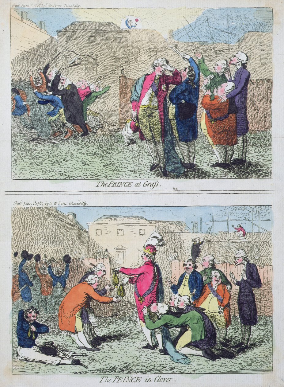 Prinsen på gräset och Prinsen i klöver, utgiven av S.W. Fores 1787 (handfärgad etsning) av James Gillray