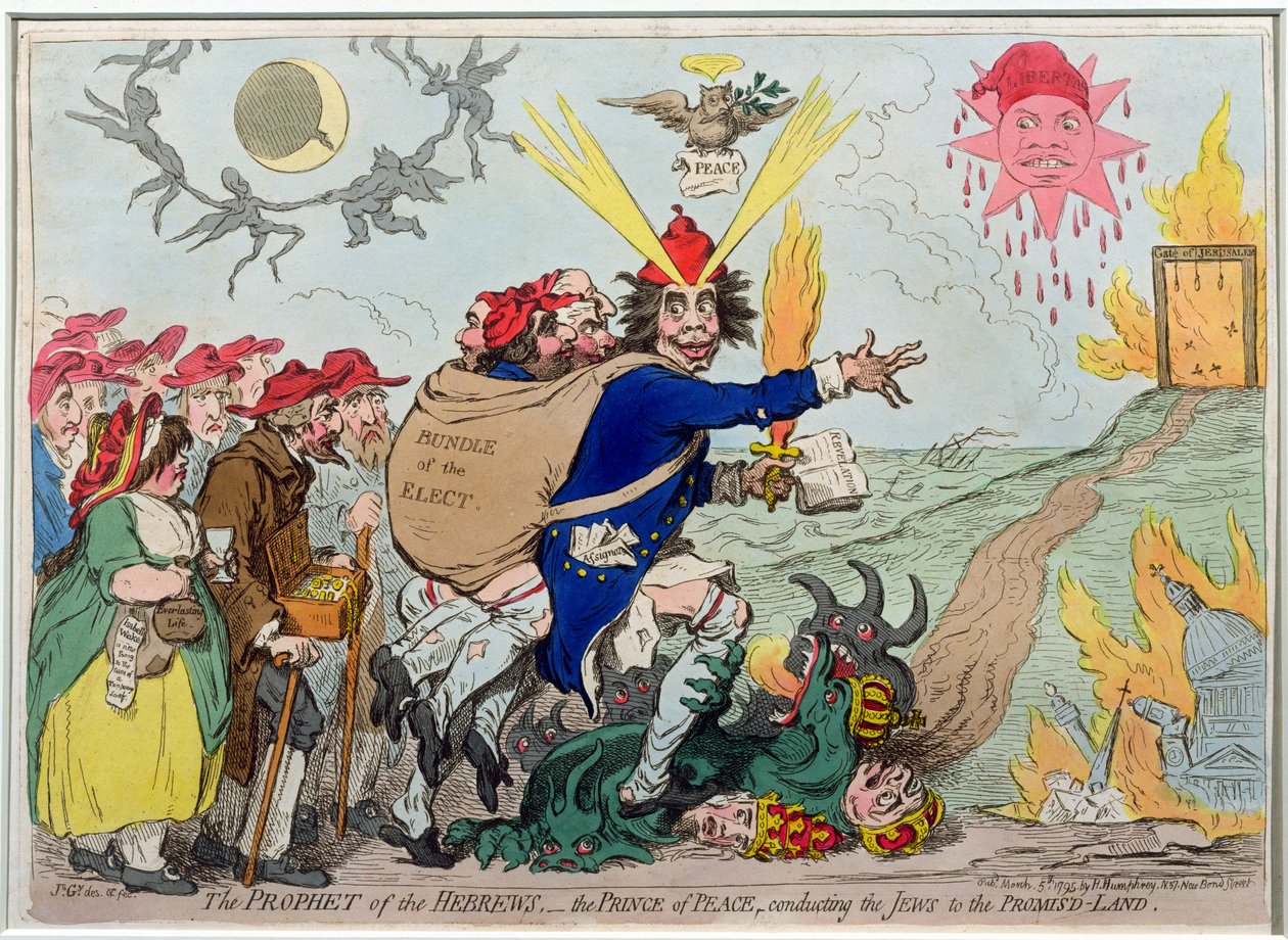The Prophet of the Hebrews: the Prince of Peace conducting the Jews to the Promised Land, utgiven av Hannah Humphrey 1795 (handkolorerad etsning). av James Gillray