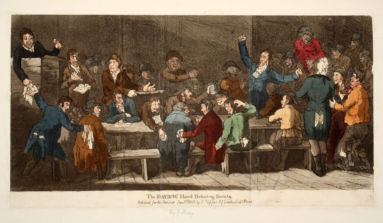 The ROBBING Hood Debating Society, pub S. Tipper, 1 januari 1809 (handfärgad gravyr) av James Gillray