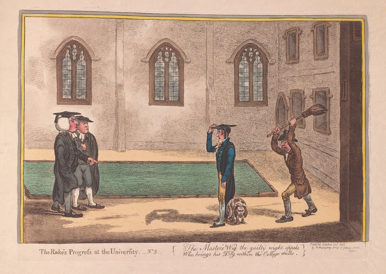 The Rakes Progress vid universitetet. Nr 3, pub. 1806 (handfärgad gravyr) av James Gillray