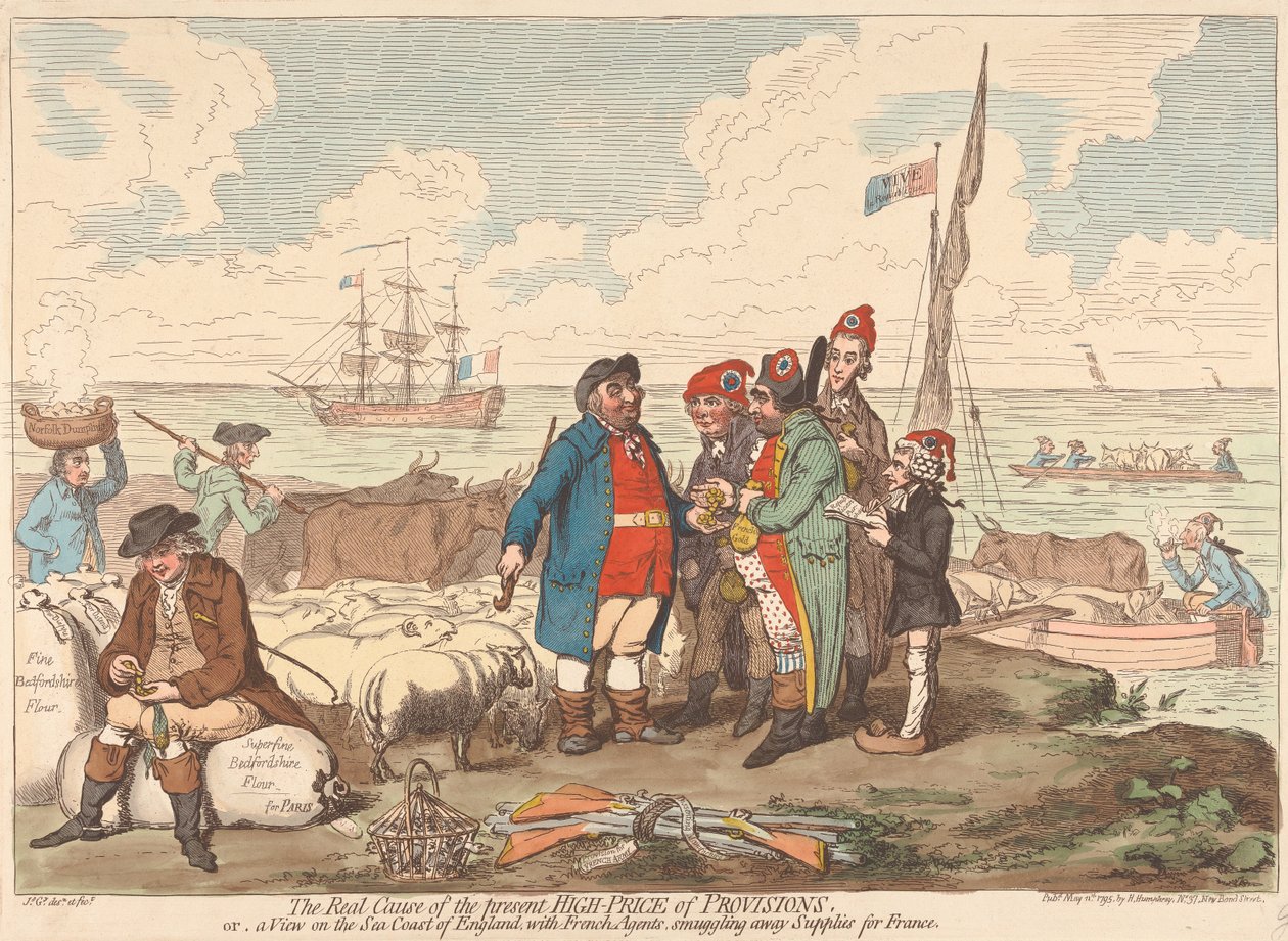 Den verkliga orsaken till de nuvarande höga livsmedelspriserna eller en vy över Englands kust med franska agenter som smugglar förnödenheter till Frankrike av James Gillray