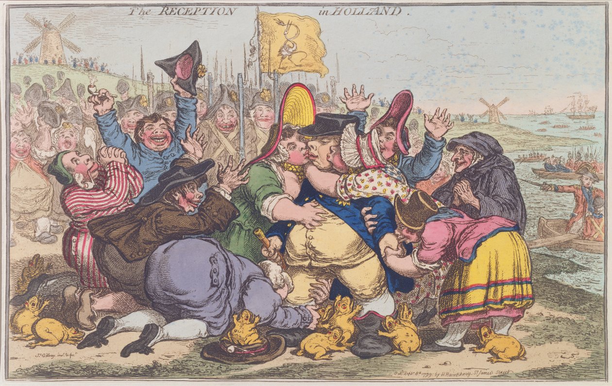 The Reception in Holland, publicerad av Hannah Humphrey 1799 (handfärgad etsning) av James Gillray