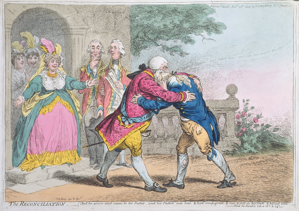 The Reconciliation, publicerad av Hannah Humphrey, 1804 (färgad etsning) av James Gillray