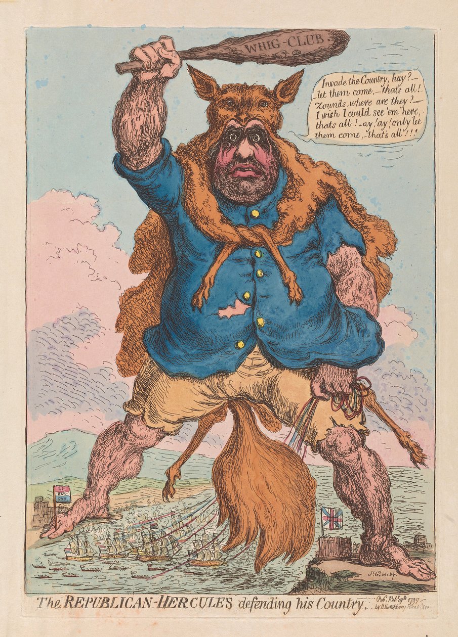 Republikanen Hercules försvarar sitt land, pub. 1797 (handfärgad gravyr) av James Gillray