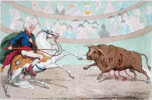 The Royal Bull-Fight, publicerad av Hannah Humphrey 1795 (handfärgad etsning) av James Gillray