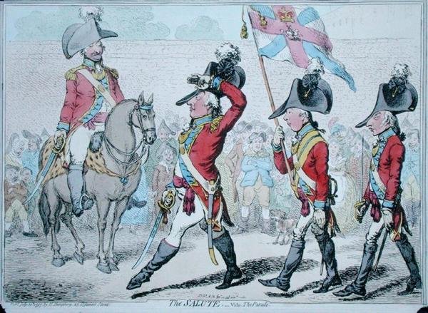 The Salute, or The Parade, publicerad av Hannah Humphrey 1797 (handfärgad etsning) av James Gillray