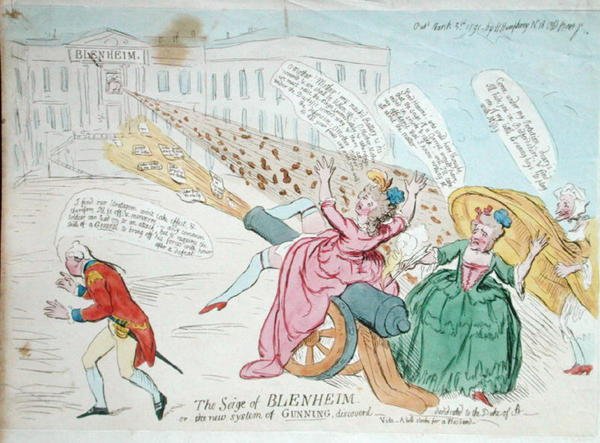 The Siege of Blenheim, eller The new system of Gunning discovered, publicerad av Hannah Humphrey 1791 (handfärgad etsning) av James Gillray